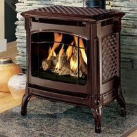 Poêle à gaz HearthStone Champlain modèle 8304 avec finition émail brun et vitre frontale pour visualiser le feu